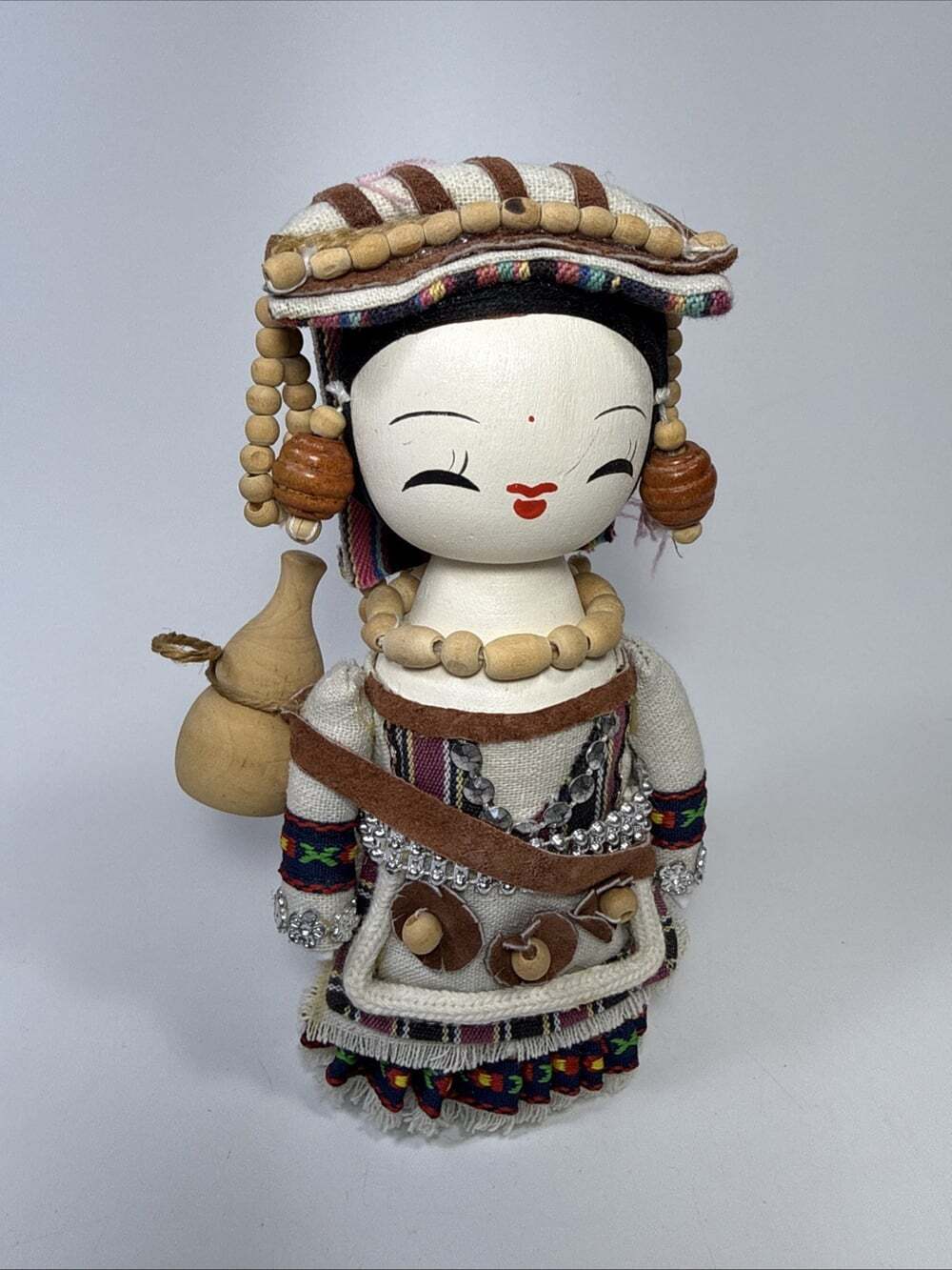 Hand Made Folk Art Asian Wooden Doll Miao Hmong culture Traditional Attire B2